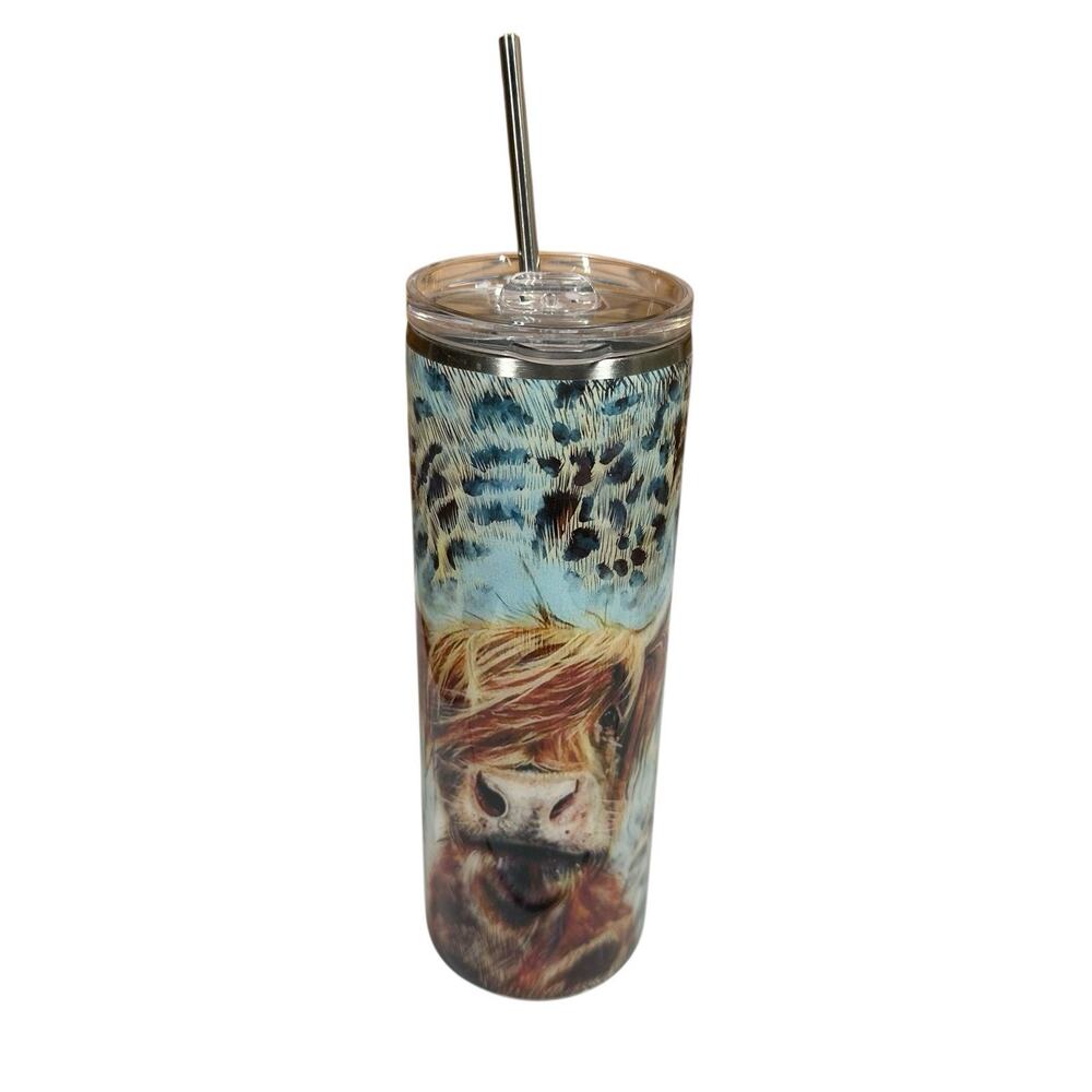 Highlander Cow Tumbler Teal and‎ Cheetah Print Insulated Tall Skinny Metal Straw